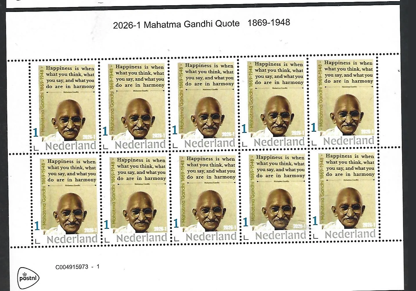 Nederland 2026-1 Gandhi: Mathatma Gandhi quote sheet postfris/mnh