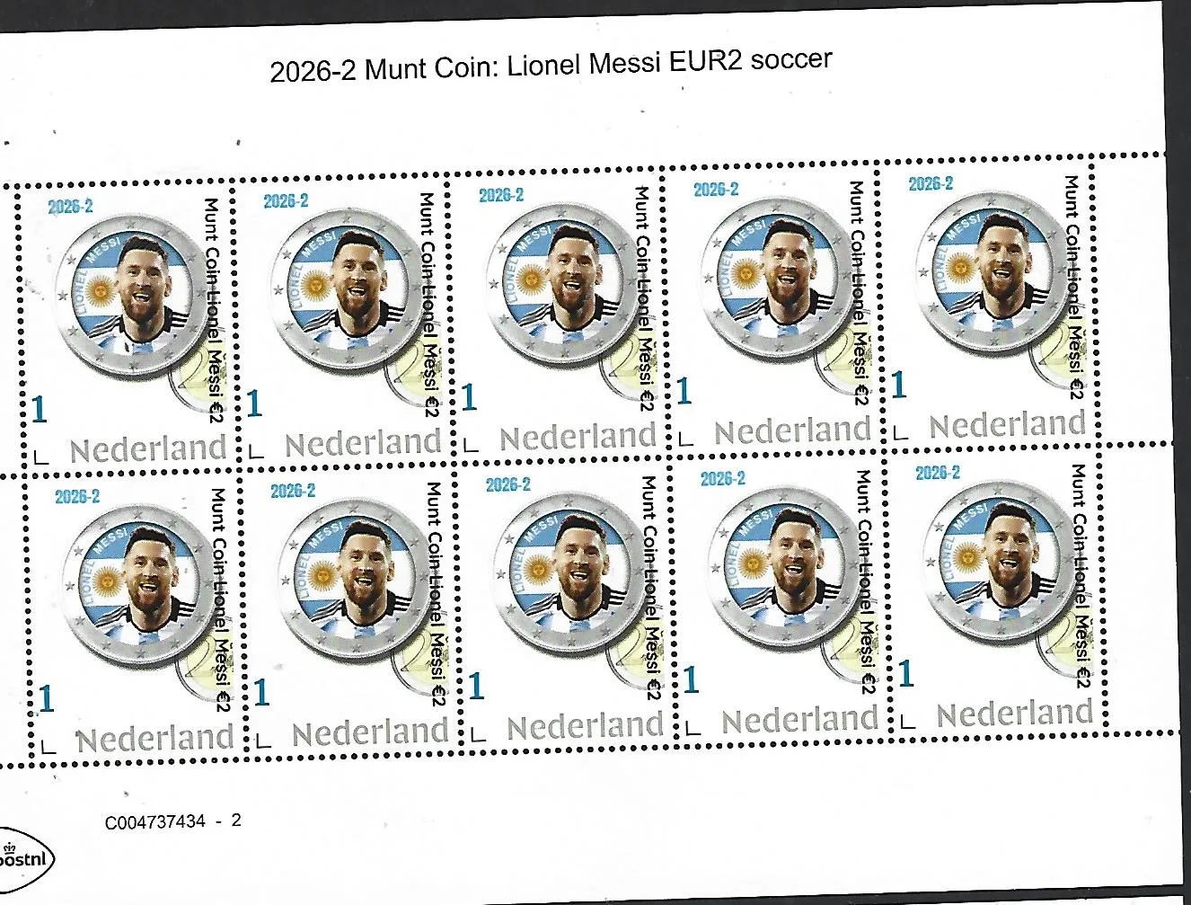 2026-2 Nederland Voetbal Soccer Lionel Messi €2 coin on stamp postfris sheet mnh