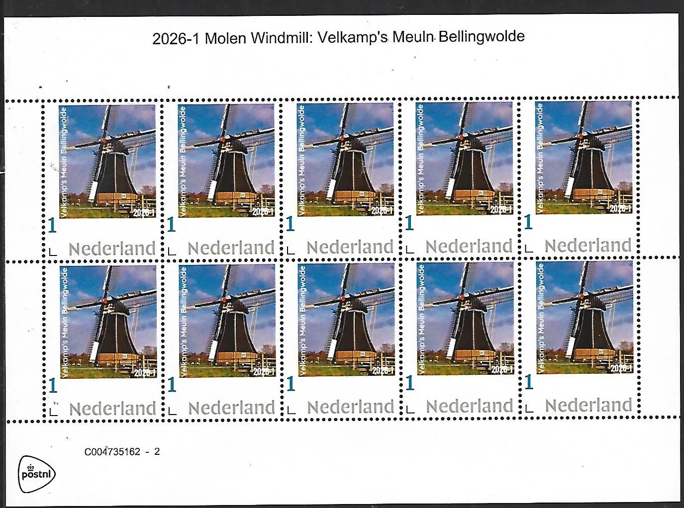 Nederland 2026-1 Molen Windmill: Ve;dkamp's Meuln Bellingwolde sheet postfris/mnh