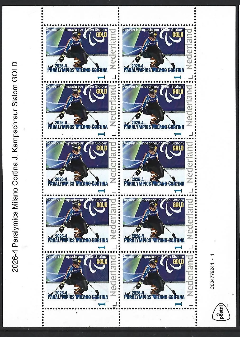 Netherlands 2026-4 Paralympics J. Kampschreur Skiing Slalom GOLD sheet MNH