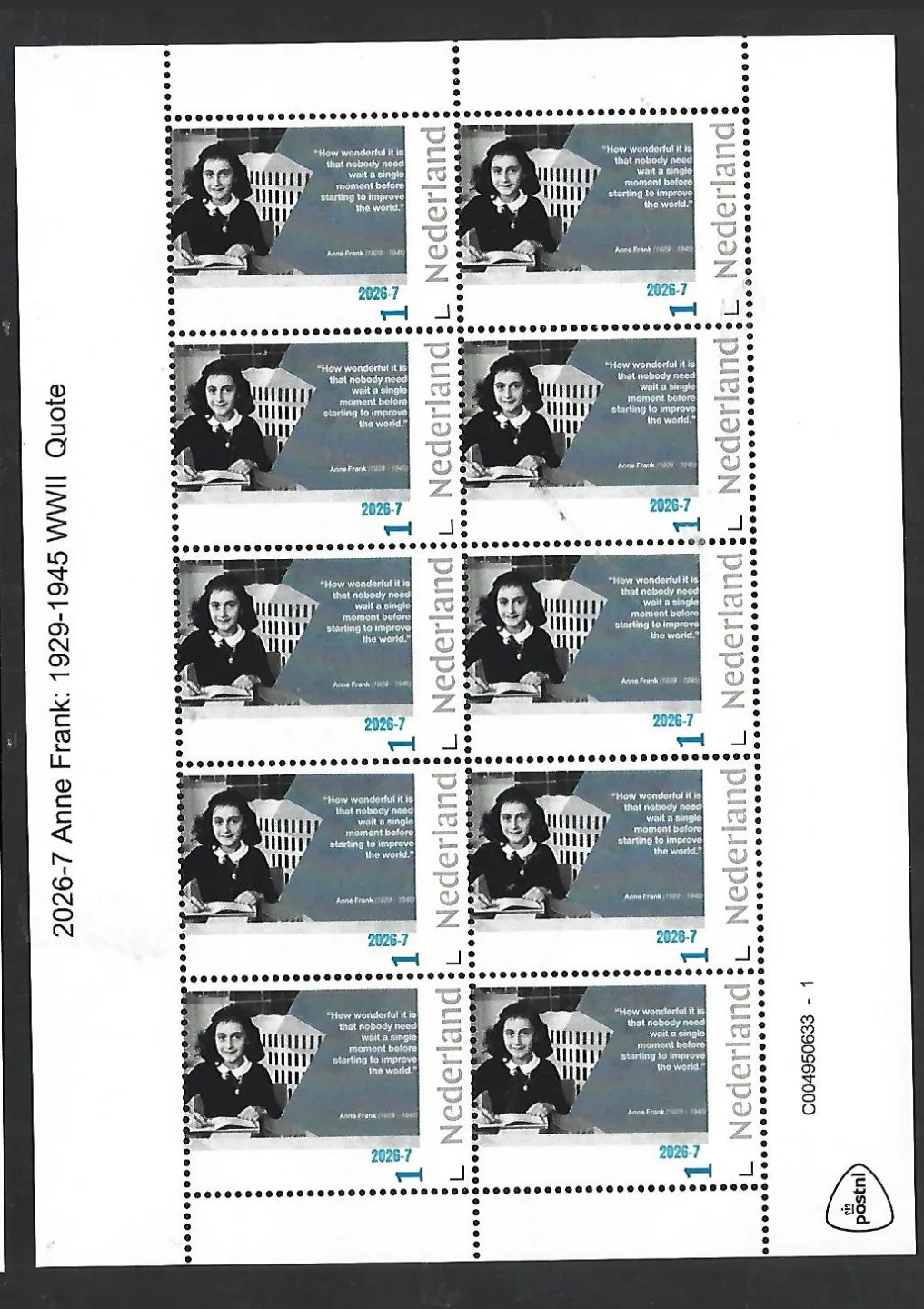 Nederland 2026-7 Anne Frank: 1929-1945 Diary sheetlet postfris/mnh