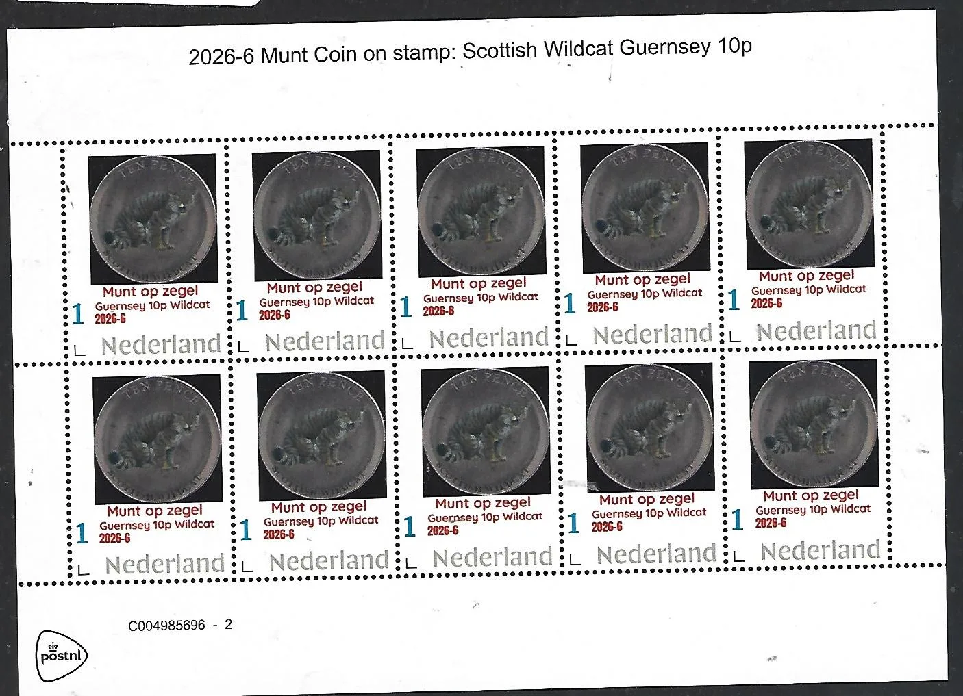 Netherlands 2026-6 Animals on coin: Scottish Wildcat Guernsey 10p sheet MNH