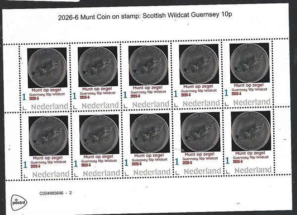 Nederland 2026-6 Animals on coin: Scottish Wildcat Guernsey10p sheet postfris/mnh