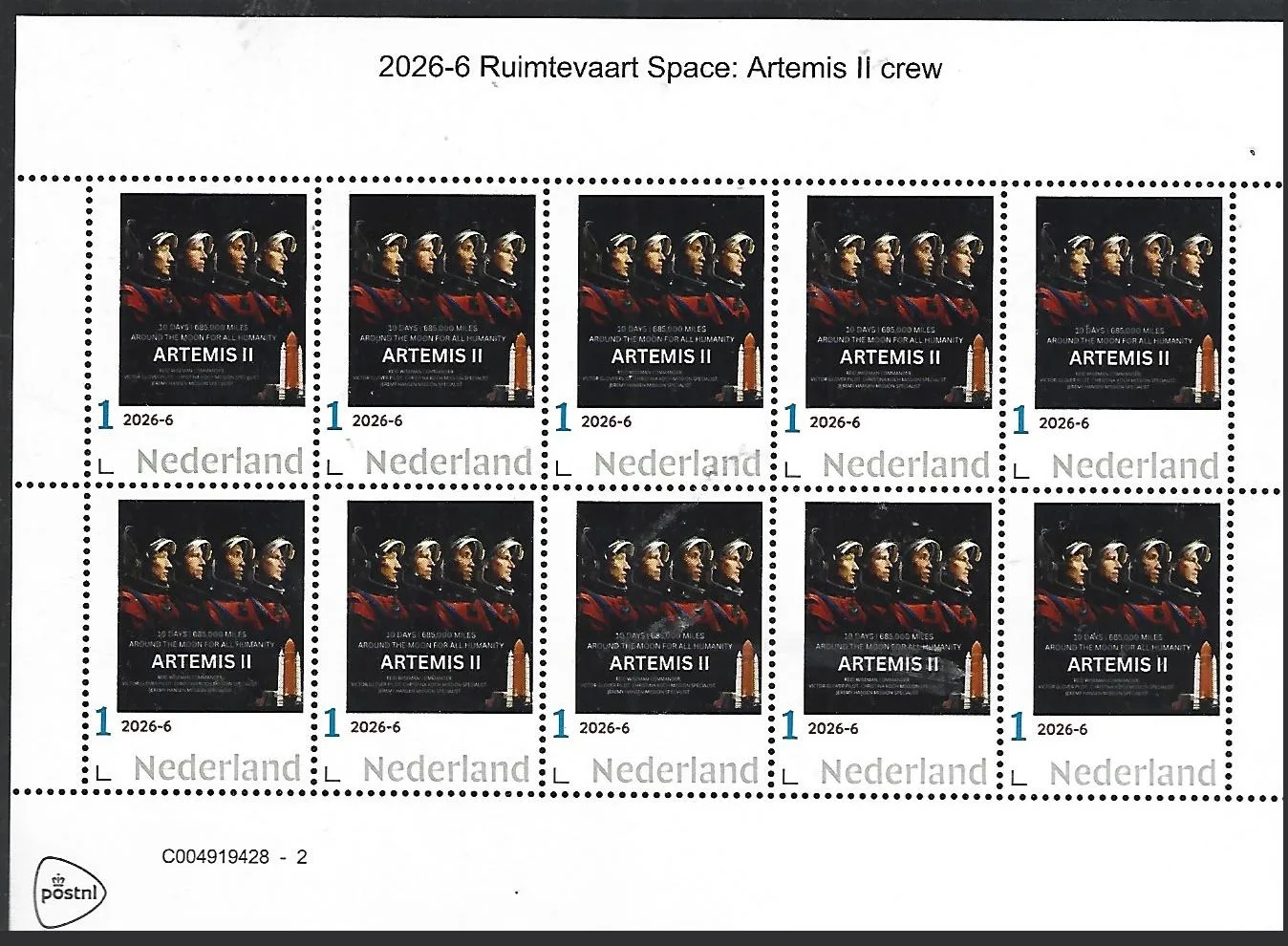 Nederland 2026-6 Ruimtevaart Space: Artemis II crew sheet postfris/mnh