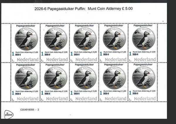 Netherlands 2026-6 Puffin Coin Alderney GBP5 on stamp sheet MNH