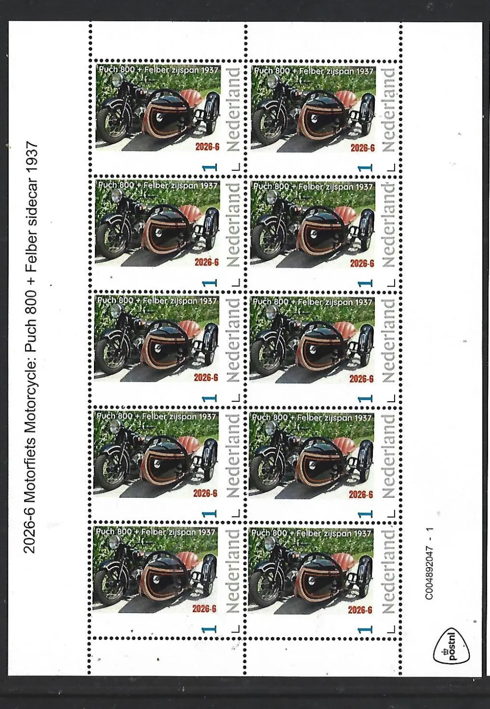 Nederland 2026-6 Motorfiets Motorcycle: Puch 800 + sidcar sheet postfris/mnh