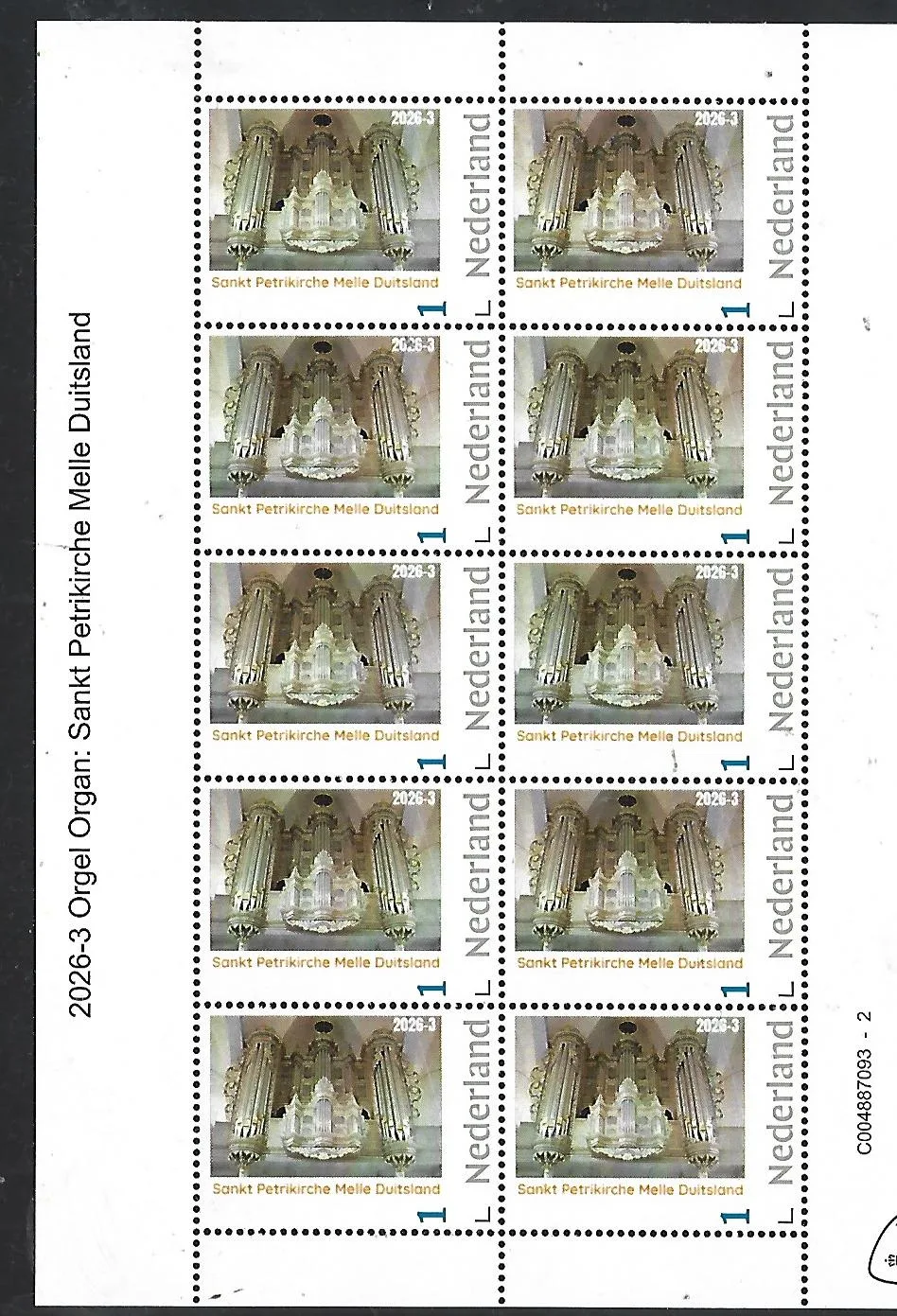 Niederlande 2026-3 Orgel Organ: Sankt Petri Kirche Melle Deutschland Bogen postfris/mnh