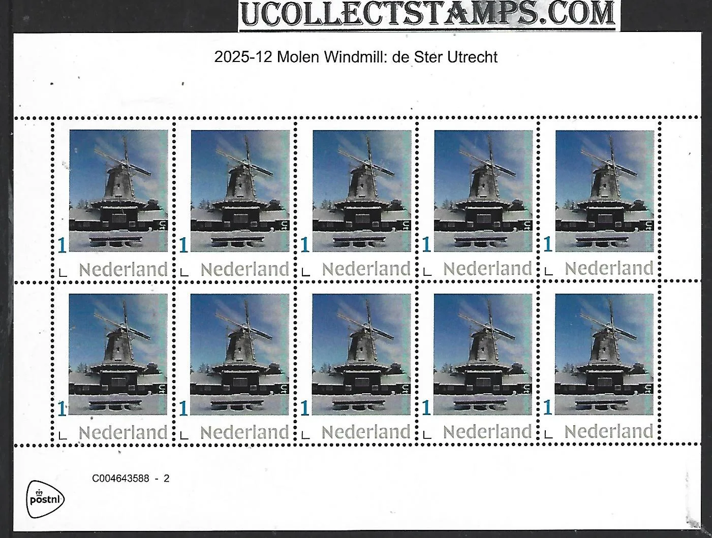 Nederland 2025-12 Molen Windmill: Molen de Ster Utrecht sheet postfris/mnh