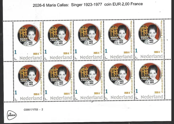 Netherlands 2026-6 Maria Callas coin €2 France SHEET MNH