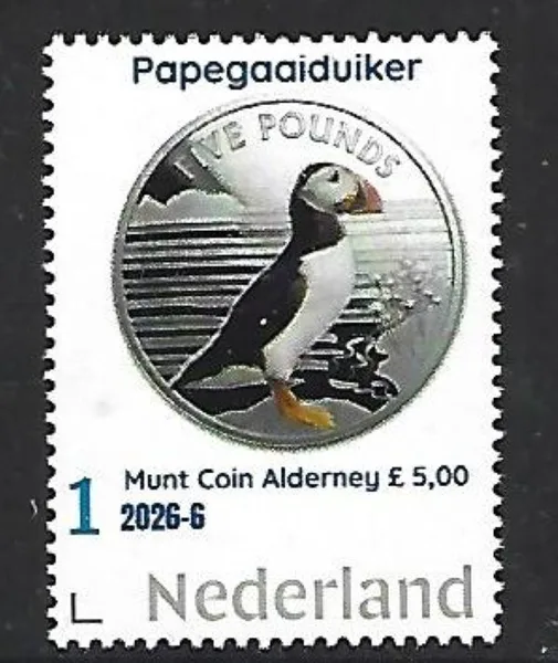 Netherlands 2026-6 Puffin Coin Alderney GBP5 on stamp MNH