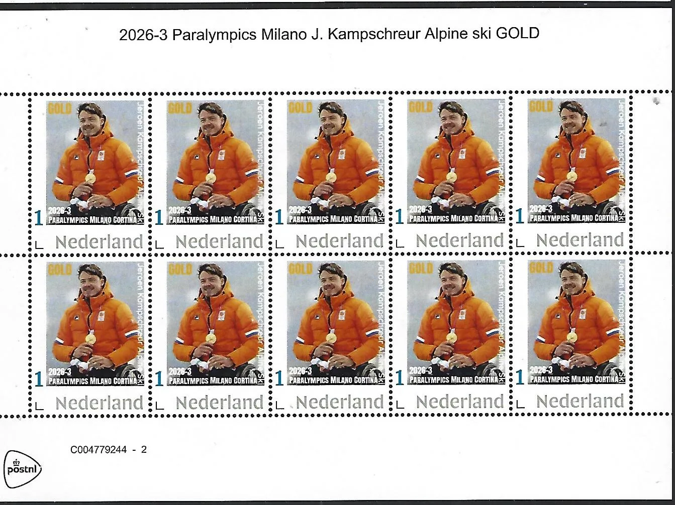 Netherlands 2026-3 Paralympics J. Kampschreur Skiing Alpine ski GOLD sheet MNH