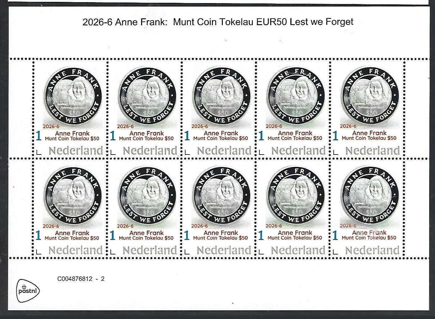 Nederland 2026-6 Anne Frank: Symbol of Holocaust coin Niue $50 sheetlet postfris/mnh