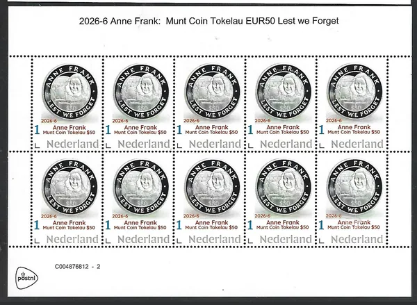 Nederland 2026-6 Anne Frank: Symbol of Holocaust coin Niue $50 sheetlet postfris/mnh