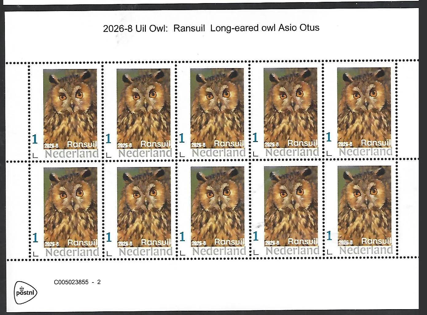 Nederland 2026-8 Uil Owl: Ransuil Long-eared owl sheetlet postfris/mnh