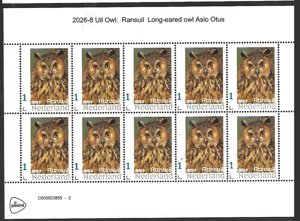 Nederland 2026-8 Uil Owl: Ransuil Long-eared owl sheetlet postfris/mnh