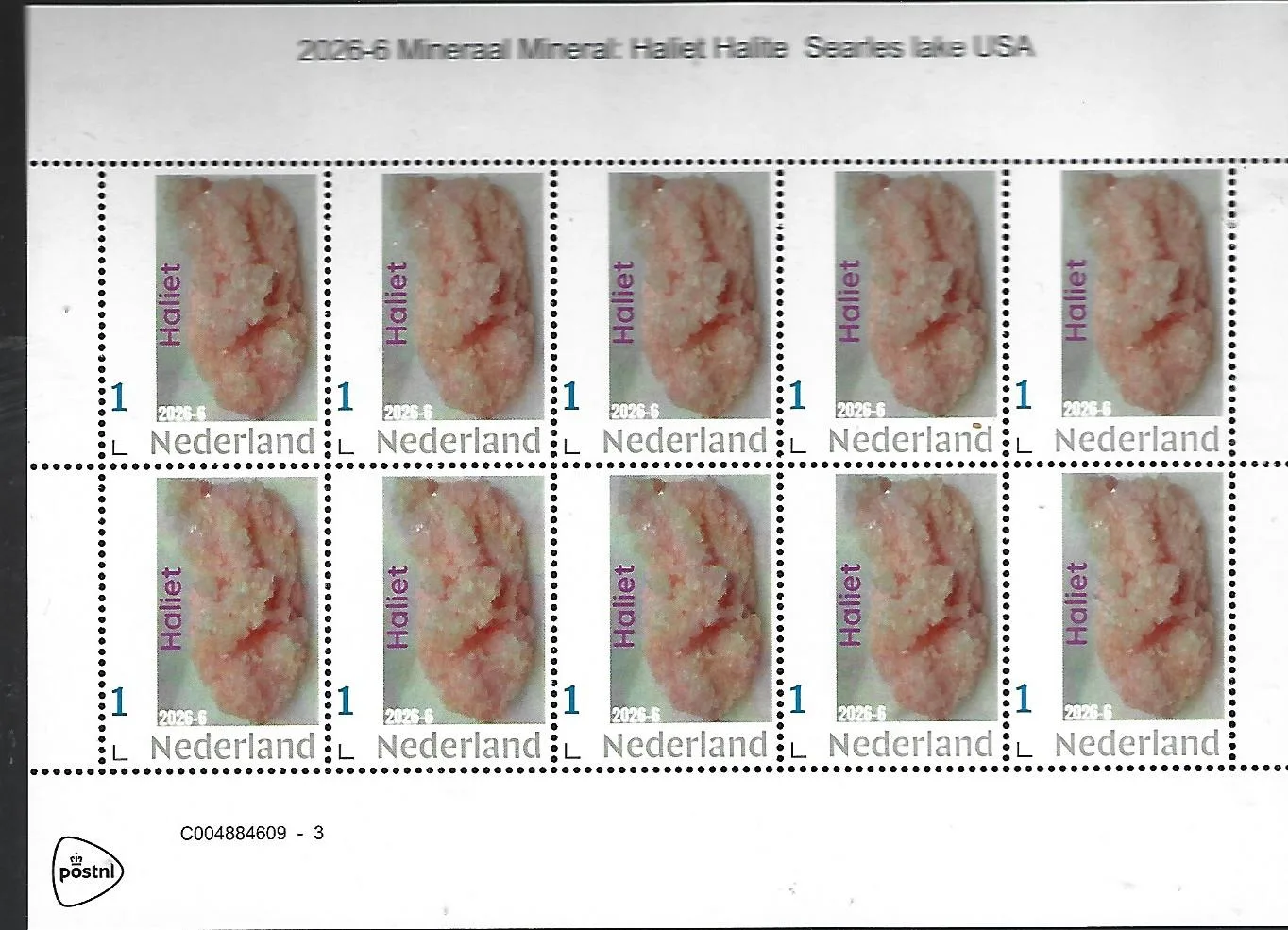 Nederland 2026-6 Mineraal Mineral: Haliet Halite Searles lake USA sheet postfris/mnh