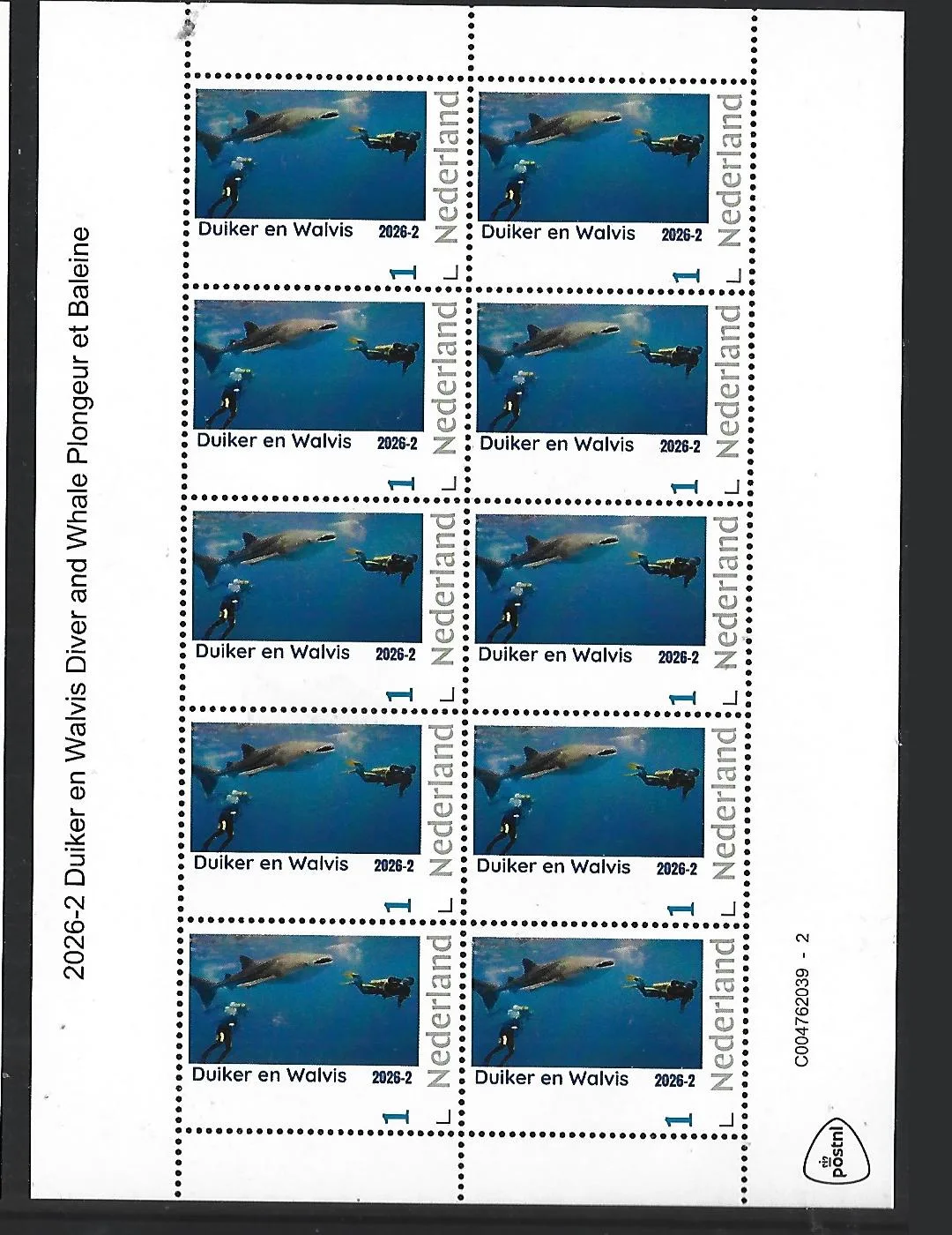Nederland 2026-2 Duiker en Walvis; Diver and whale shark sheet postfris/mnh