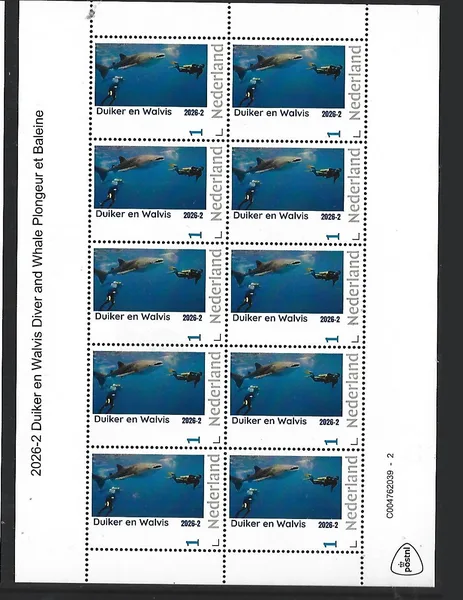 Nederland 2026-2 Duiker en Walvis; Diver and whale shark sheet postfris/mnh