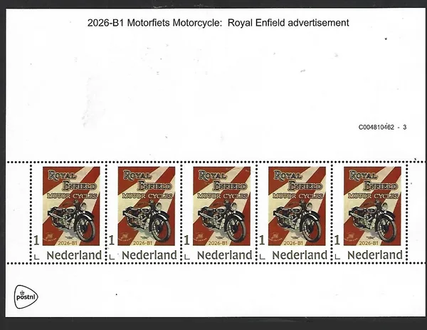 Netherlands 2026-B1 Motorfies Motorcycle: Royal Enfield advertisement sheetlet MNH