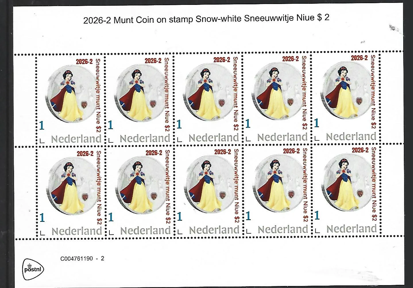Nederland 2026-2 Disney Munt Coin Snow-white Niue $2 sheet postfris/mnh