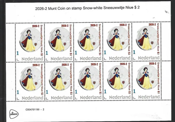 Netherlands 2026-2 Disney Coin Snow-white Niue $2 sheet MNH
