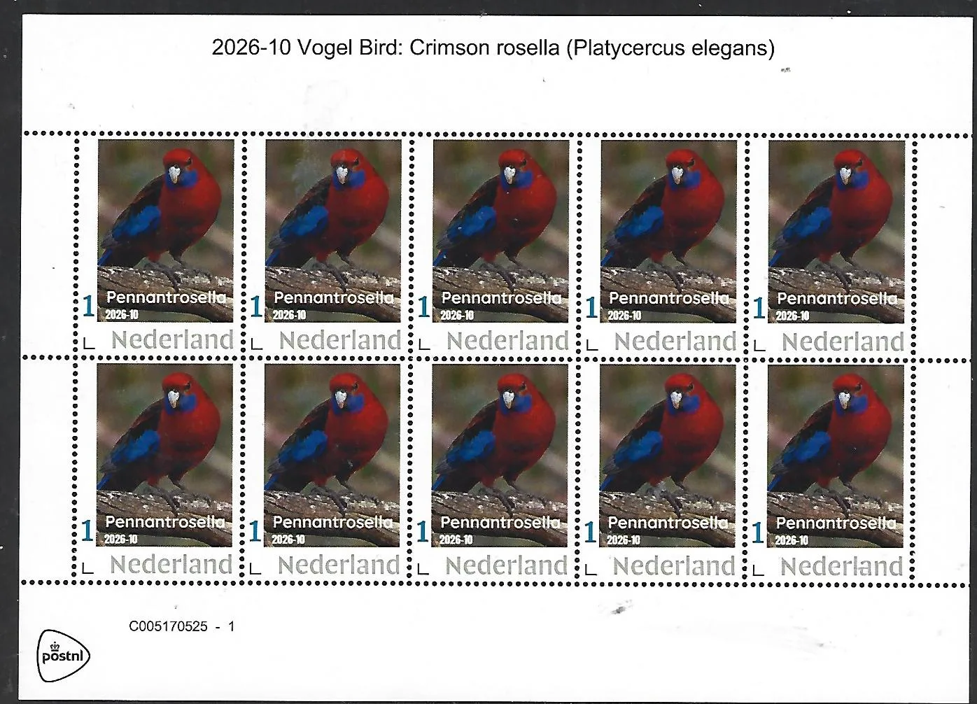 Netherlands 2026-9 Bird: Crimson Rossella Sheet MNH