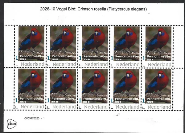 Netherlands 2026-9 Bird: Crimson Rossella Sheet MNH