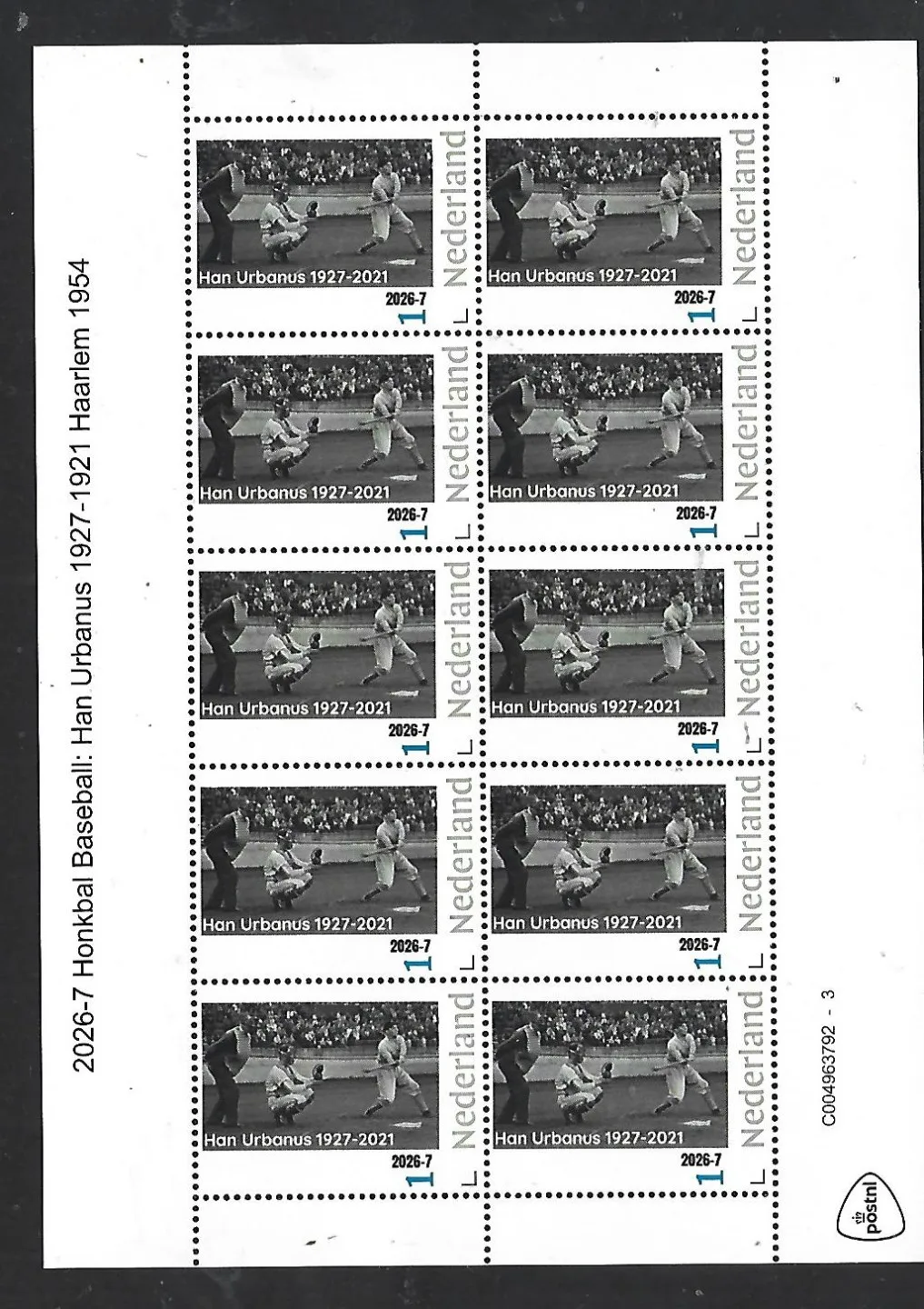 Nederland 2026-7 Honkbal Baseball: Han Urbanus 1929-2021 sheet postfris/mnh
