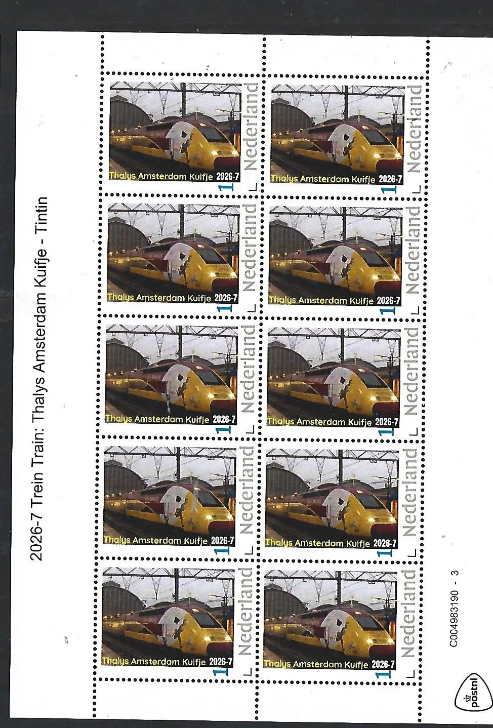 Nederland 2026-7 Trein Tram: Thalys Amsterdam Kuifje Tintin sheet postfris/mnh