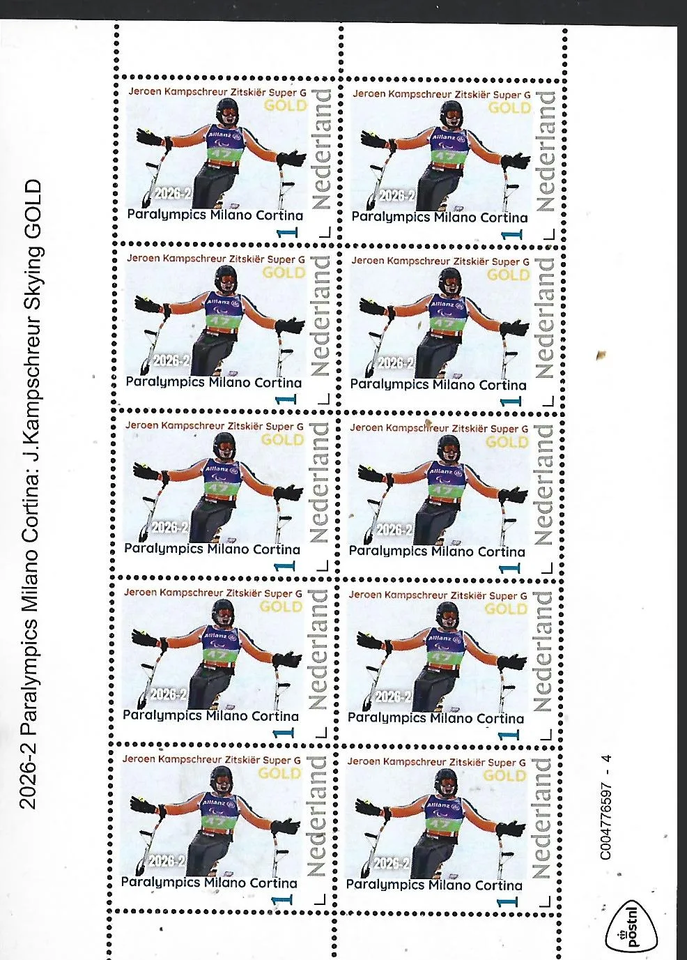 Netherlands 2026-2 Paralympics J. Kampschreur Skiing super G GOLD sheet MNH