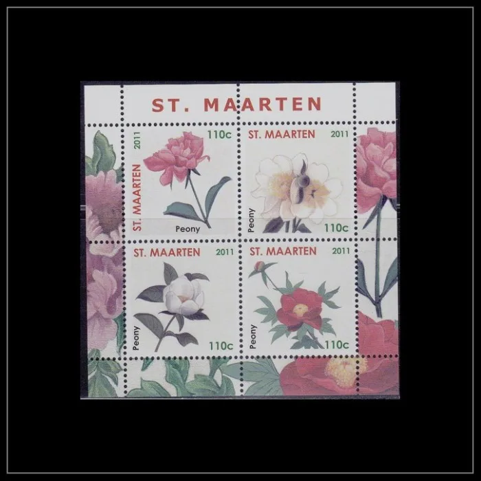 St Maarten 8 Peony's bloemen 2011 blok met 4 zegels postfris