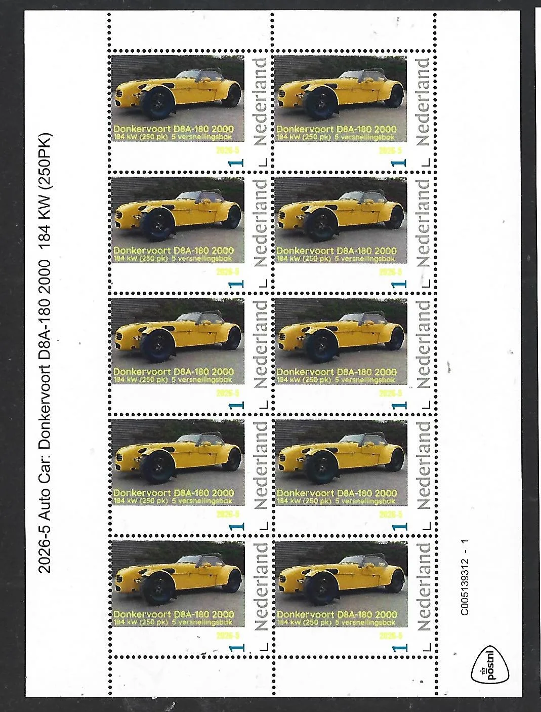 Netherlands 2026-9 Auto Car: Donkervoort D8A -180 2000 184KW sheet MNH