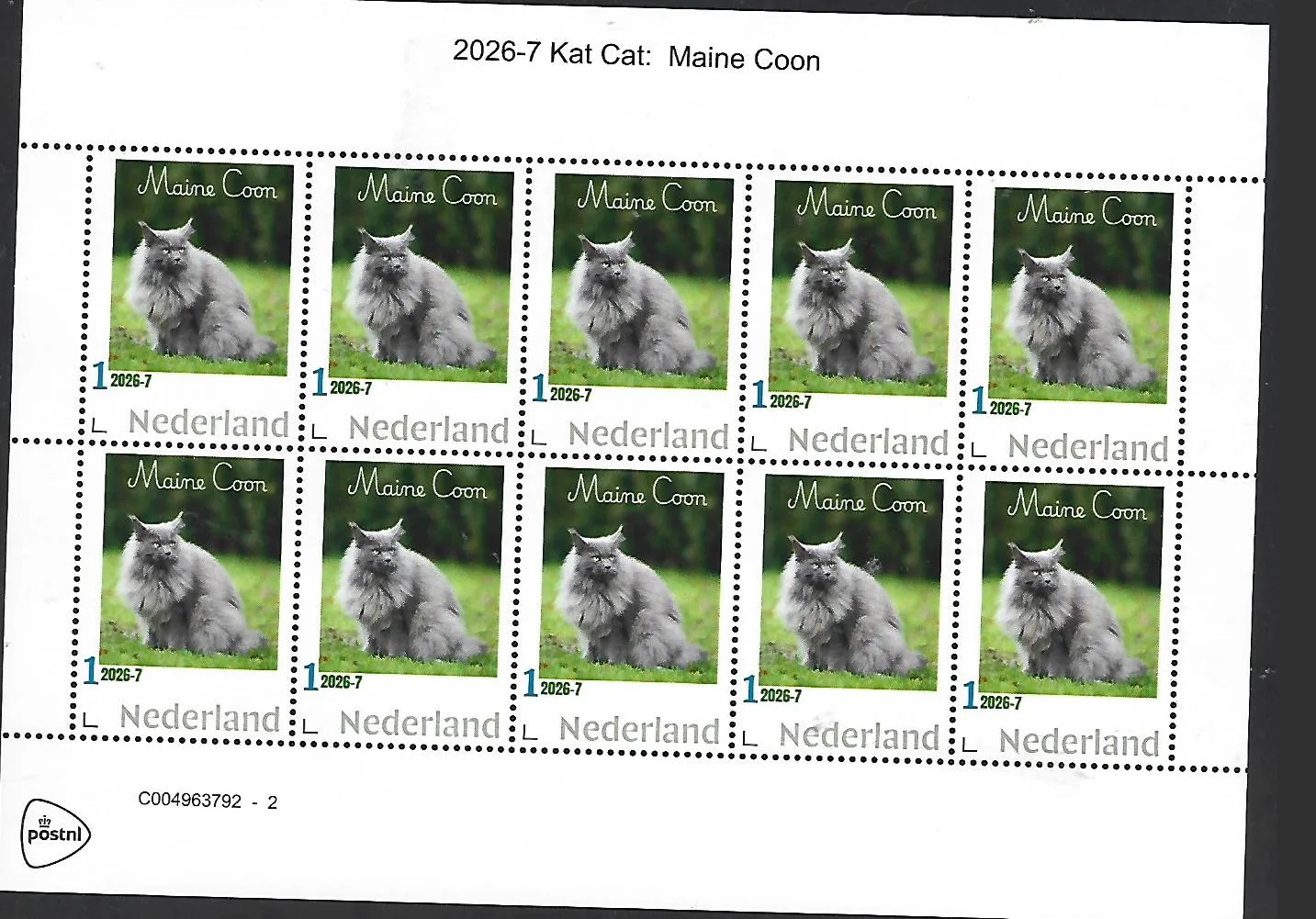 Nederland 2026-7 Kat Cat: Maine Coon kat sheetlet postfris/mnh