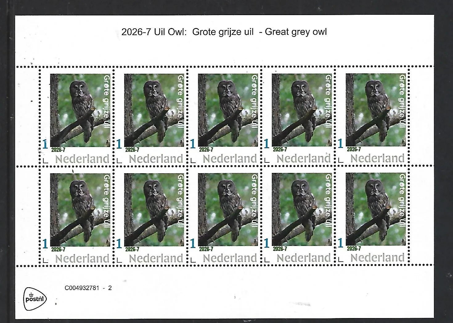 Nederland 2026-7 Uil Owl: Grote grijze uil Great grey owl sheet postfris/mnh