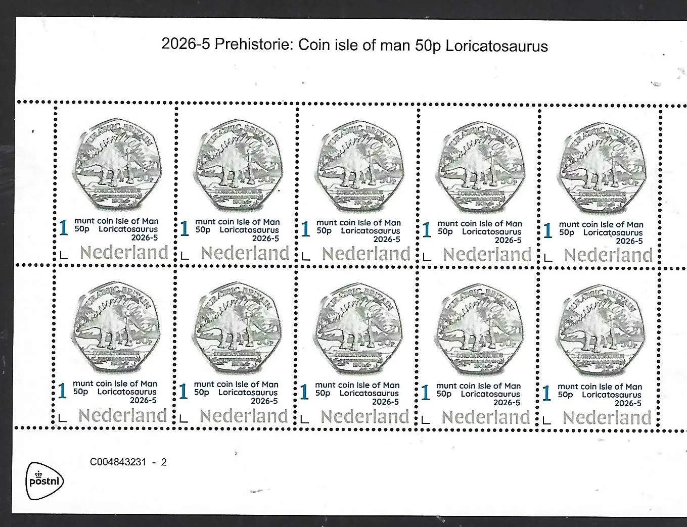 Netherlands 2026-5 Prehistory: Isle of Man Jurassic coin 50p sheet MNH