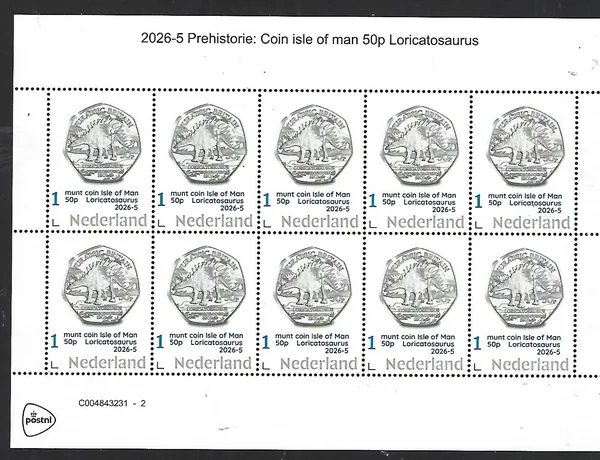Nederland 2026-5 Prehistorie Prehistoric: isle of Man jurassic coin 50p sheet postfris/mnh