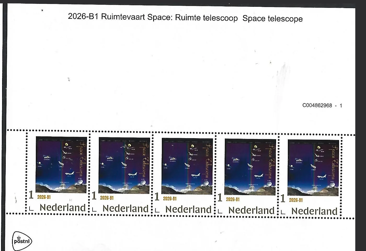 Nederland 2026-B1 Ruimtevaart Space: Space Telescope Gold 1 stamp sheet postfris/mnh