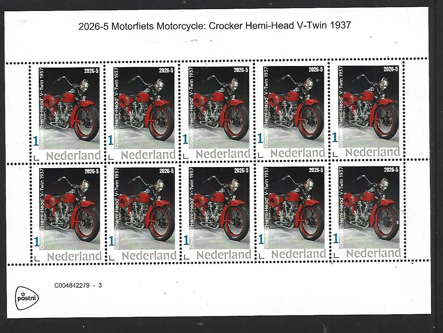 Netherlands 2026-5 Motorfies Motorcycle: Crocker Hemi-head V-twin 1937 sheetlet MNH