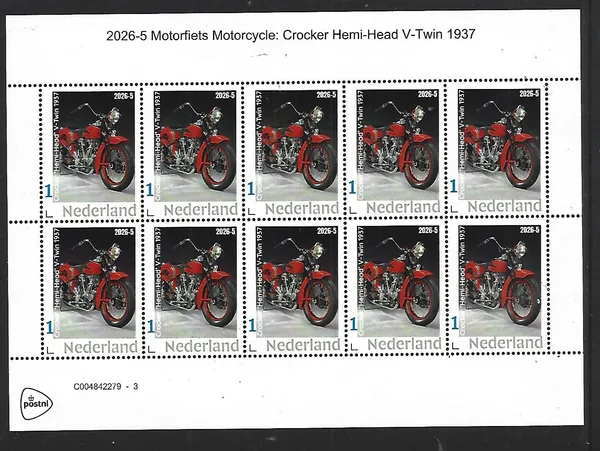 Netherlands 2026-5 Motorfies Motorcycle: Crocker Hemi-head V-twin 1937 sheetlet MNH