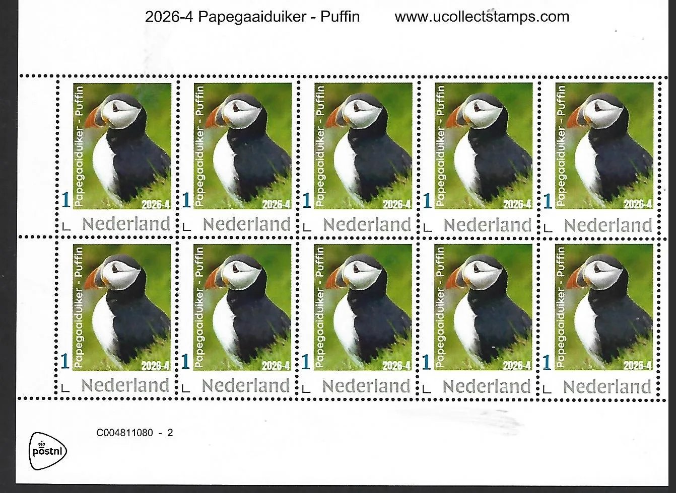 Netherlands 2026-4 Puffin sheet MNH