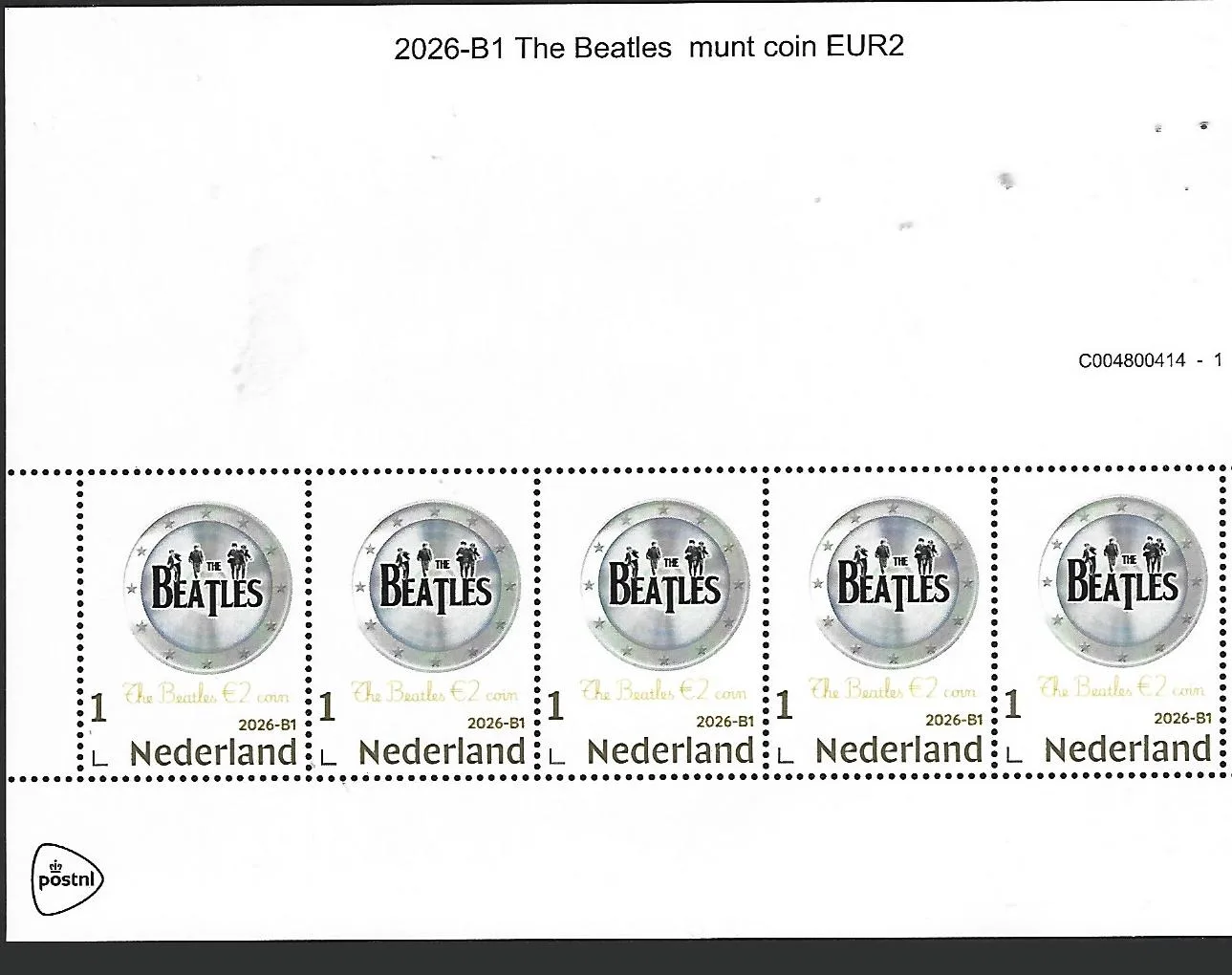Nederland 2026-B1 The Beatles: €2 euro coin on stamp GOLD ! sheetlet postfrs/mnh