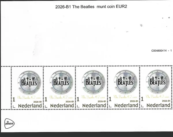 Nederland 2026-B1 The Beatles: €2 euro coin on stamp GOLD ! sheetlet postfrs/mnh