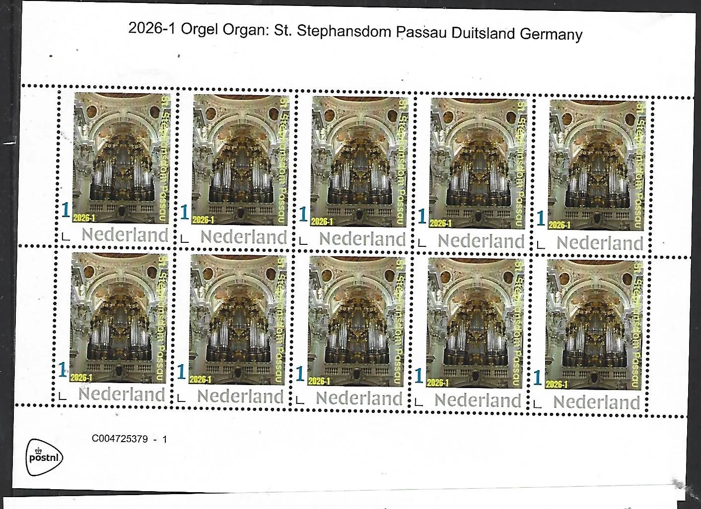 Netherlands 2026-1 Organ: St Stephansdom Passau Germany sheet unused/MNH