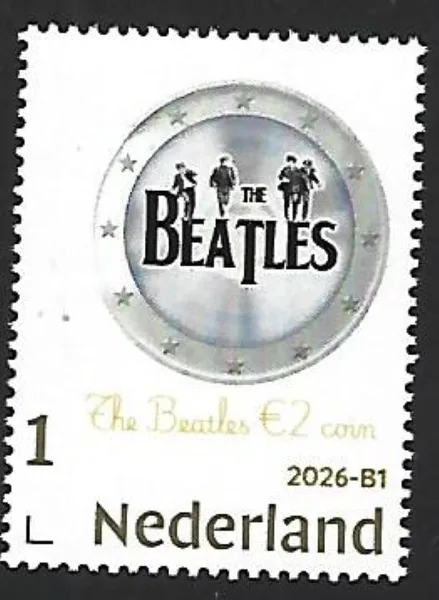 Nederland 2026-B1 The Beatles: €2 euro coin on stamp GOLD ! postfrs/mnh