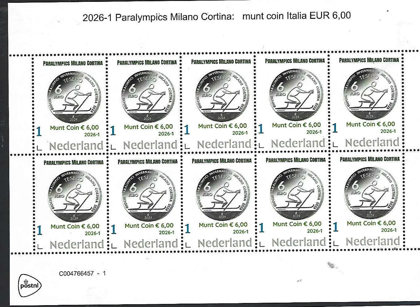 Nederland 2026-1 Paralympics munt coin on stamp €6 Italy sheet postfris/mnh
