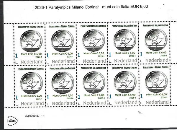 Nederland 2026-1 Paralympics munt coin on stamp €6 Italy sheet postfris/mnh