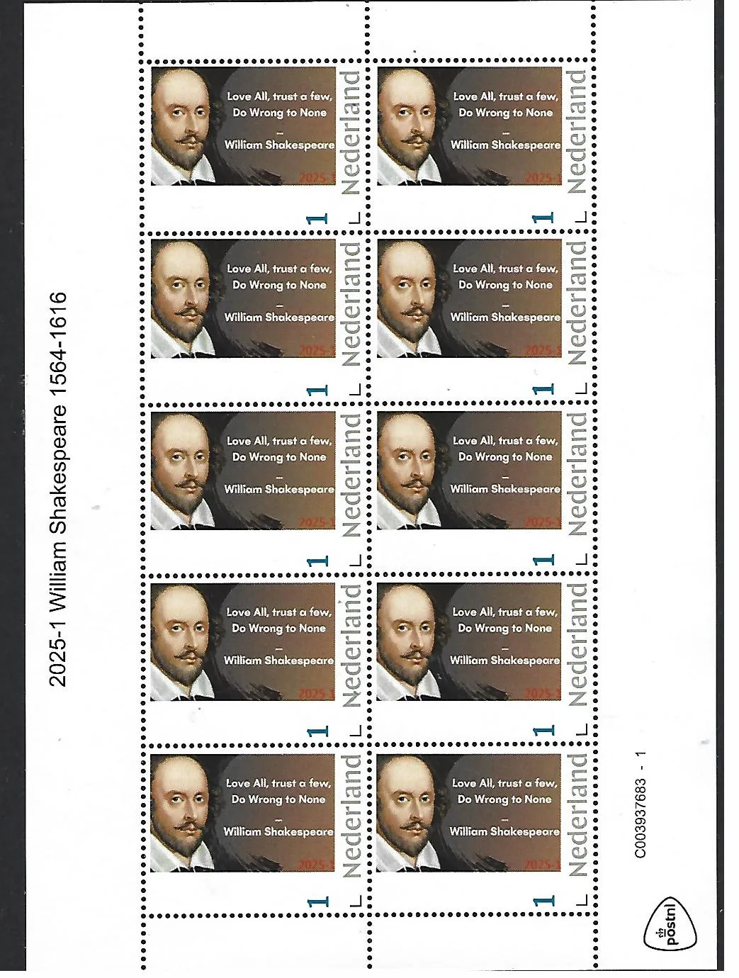 Nederland 2025-1 William Shakespeare quote sheetlet postfris/mnh