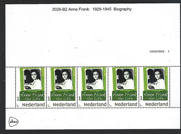 Netherlands 2026-B2 Anne Frank: 1929-1945 Her life sheetlet MNH