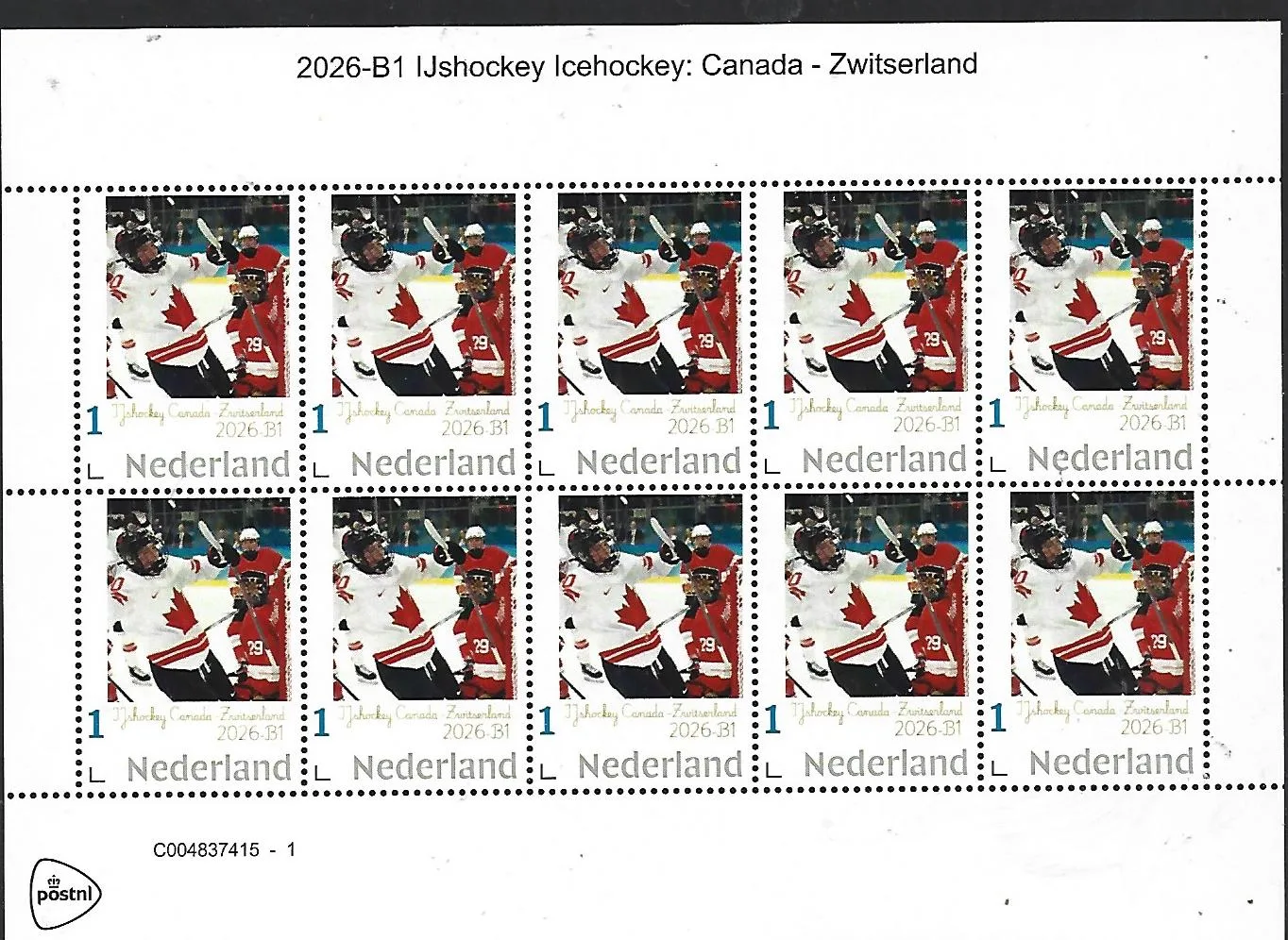 Nederland 2026-B1 IJshockey Icehockey: Canada-Zwitserland sheet postfris/mnh