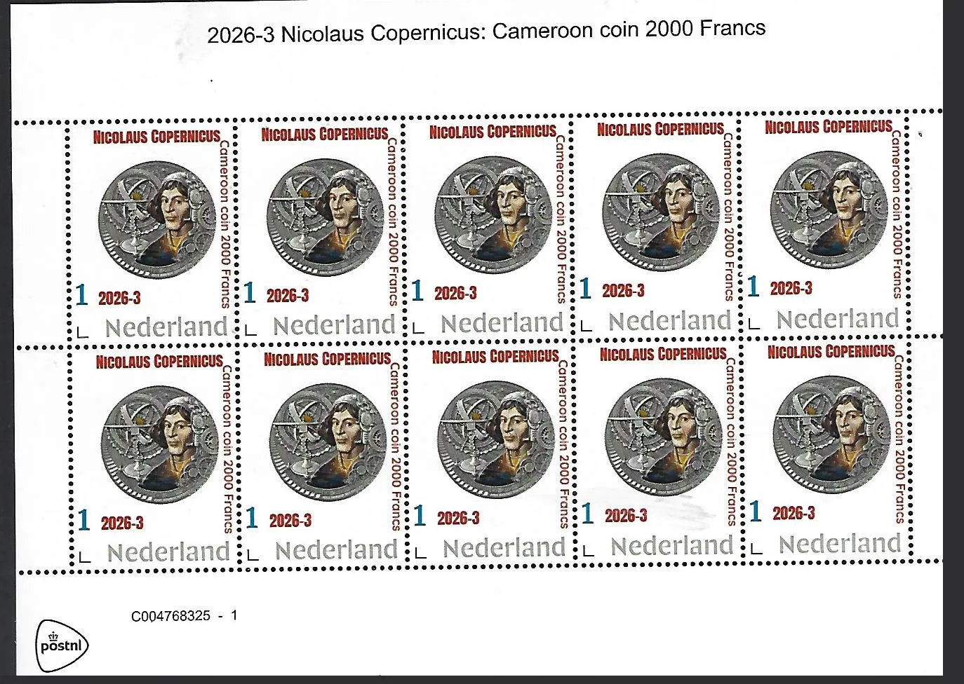 Nederland 2026-3 Nicolaus Copernicus coin on stamp Cameroon sheet postfris/mnh